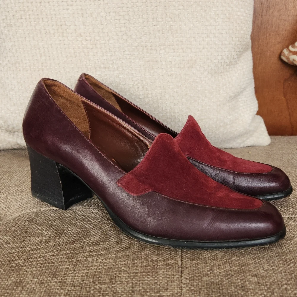 Vintage Burgundy Leather and Suede Block Heel Loafers Cottagecore Librarian 6.5